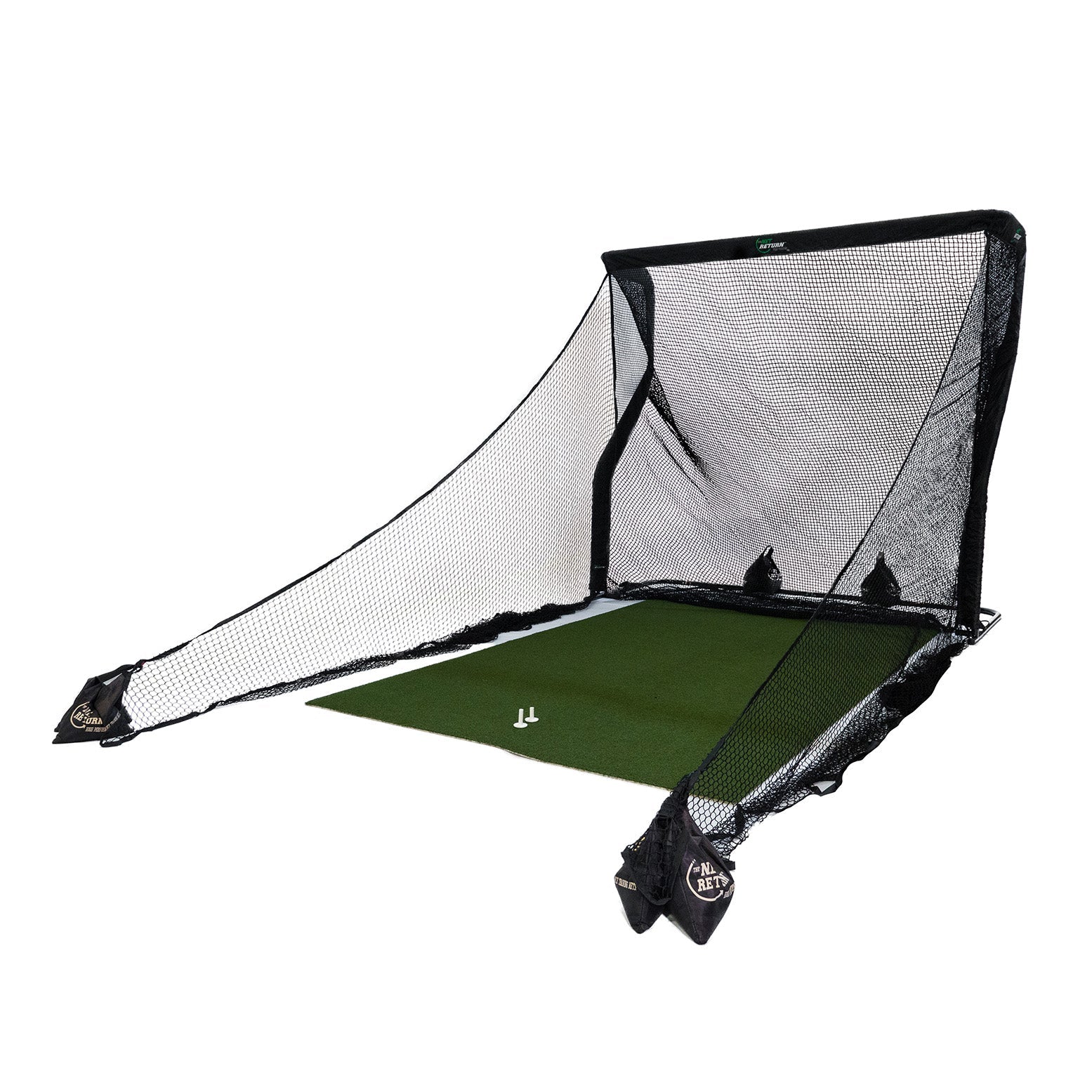 Golf practice net with black mesh and a green hitting mat, designed for indoor or outdoor use, featuring tee placement spots.